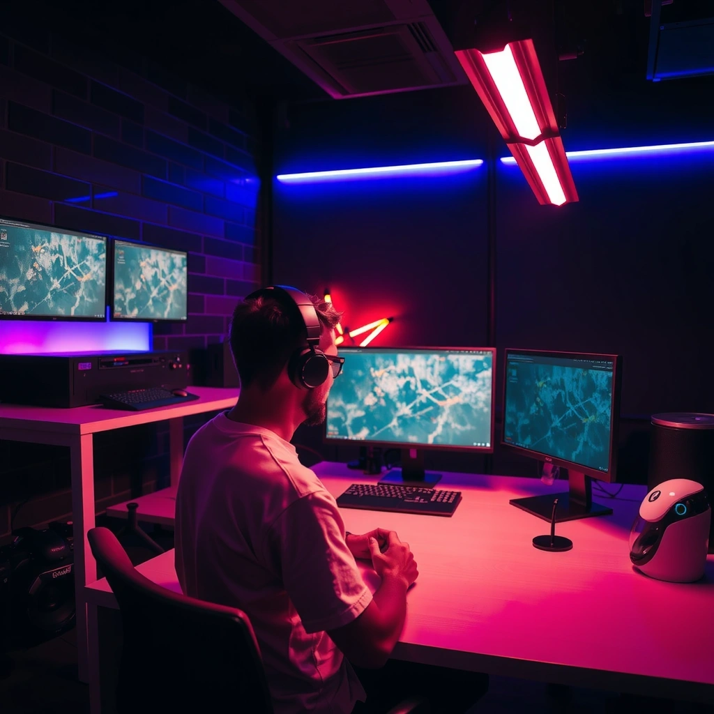 Game development workspace with neon lighting